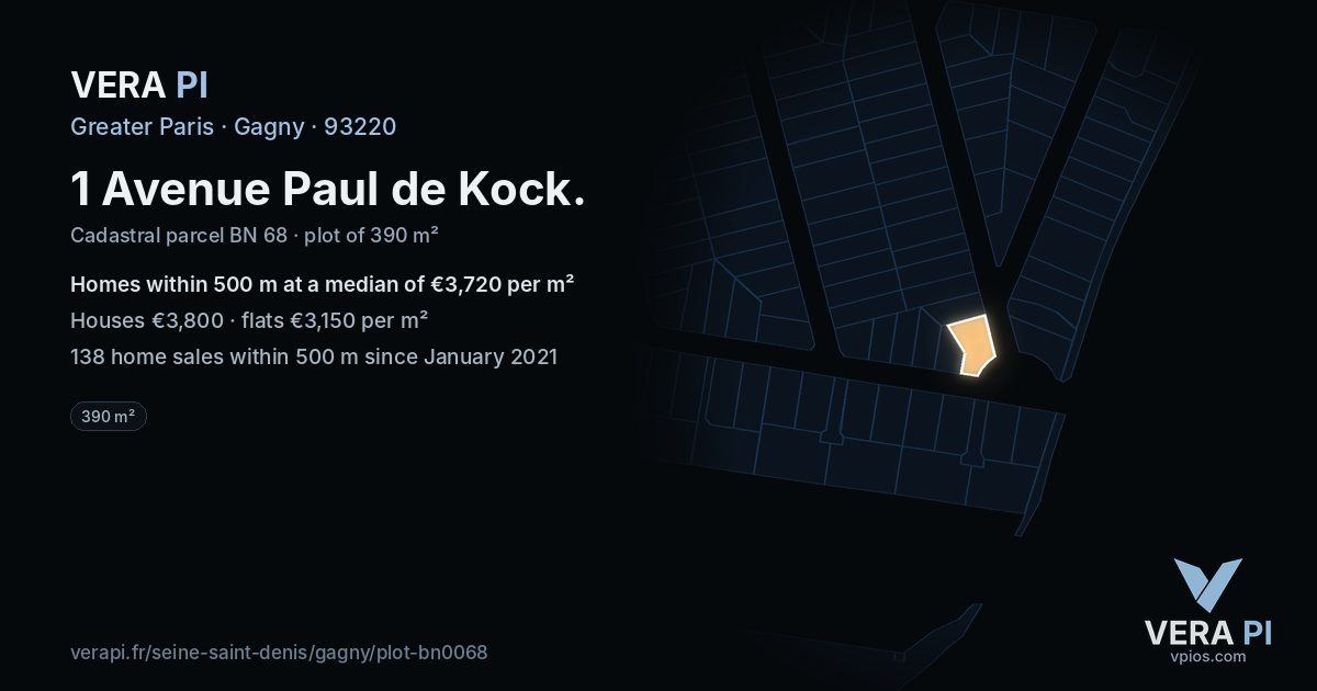 1 Avenue Paul de Kock, Gagny at night – the plot lit, the parcels around coloured by the prices near them
