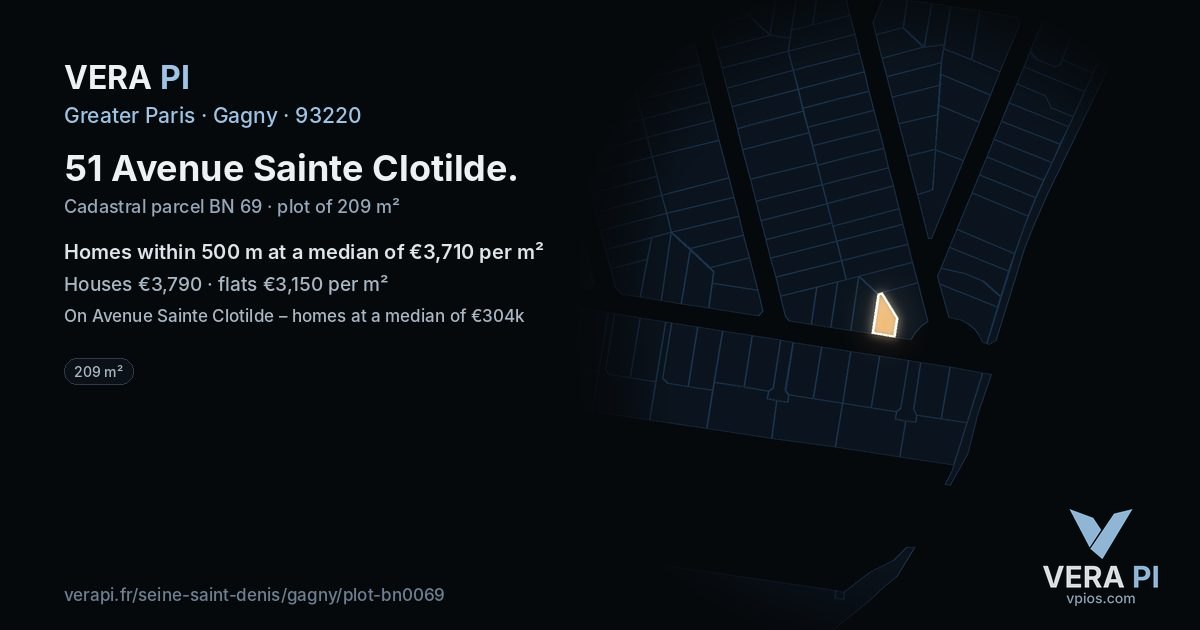 51 Avenue Sainte Clotilde, Gagny at night – the plot lit, the parcels around coloured by the prices near them