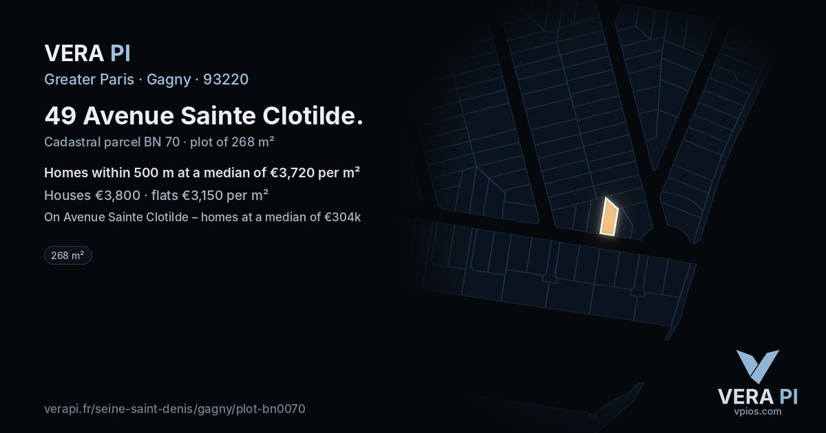 49 Avenue Sainte Clotilde, Gagny at night – the plot lit, the parcels around coloured by the prices near them