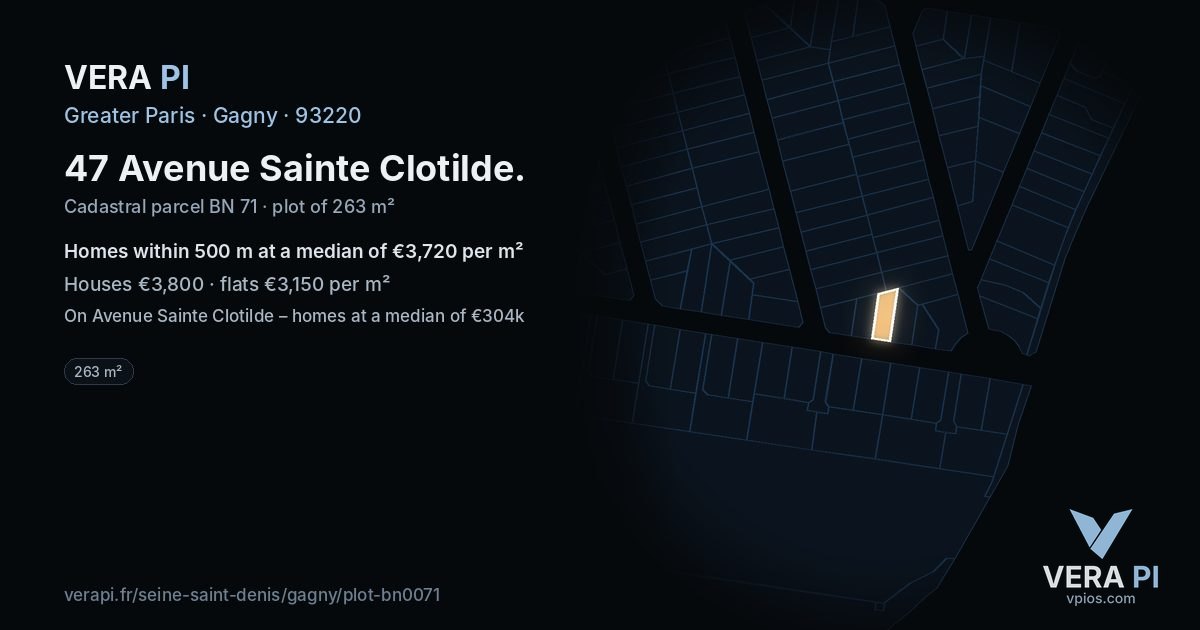 47 Avenue Sainte Clotilde, Gagny at night – the plot lit, the parcels around coloured by the prices near them
