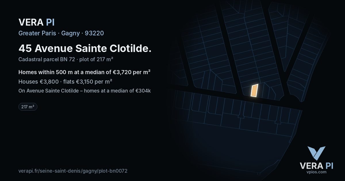 45 Avenue Sainte Clotilde, Gagny at night – the plot lit, the parcels around coloured by the prices near them