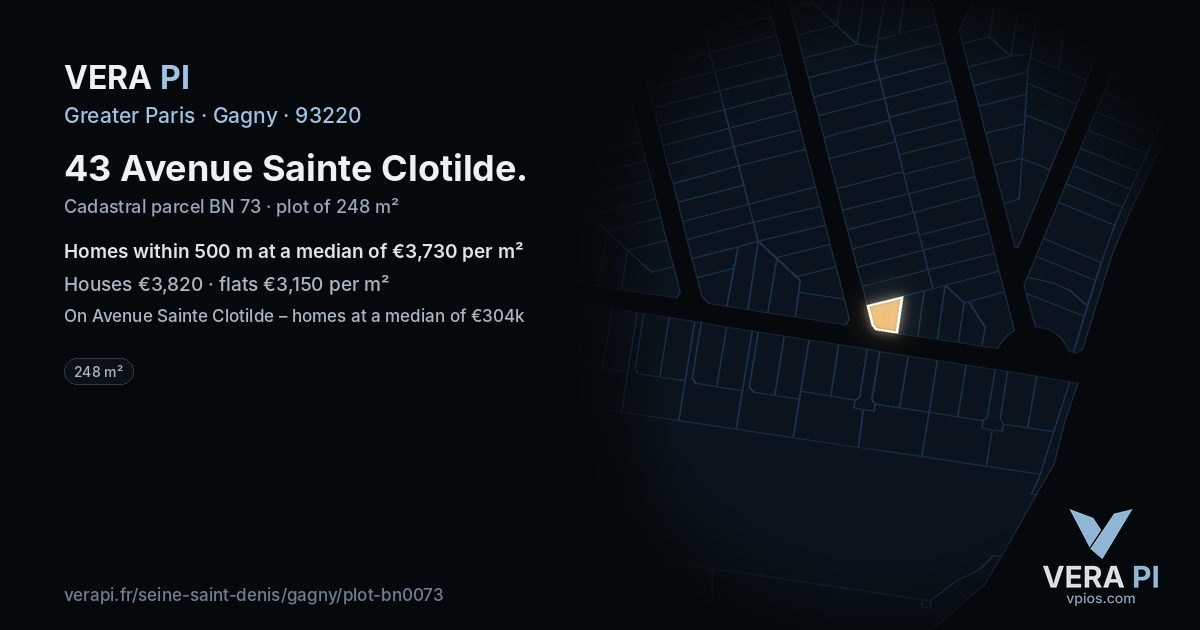 43 Avenue Sainte Clotilde, Gagny at night – the plot lit, the parcels around coloured by the prices near them