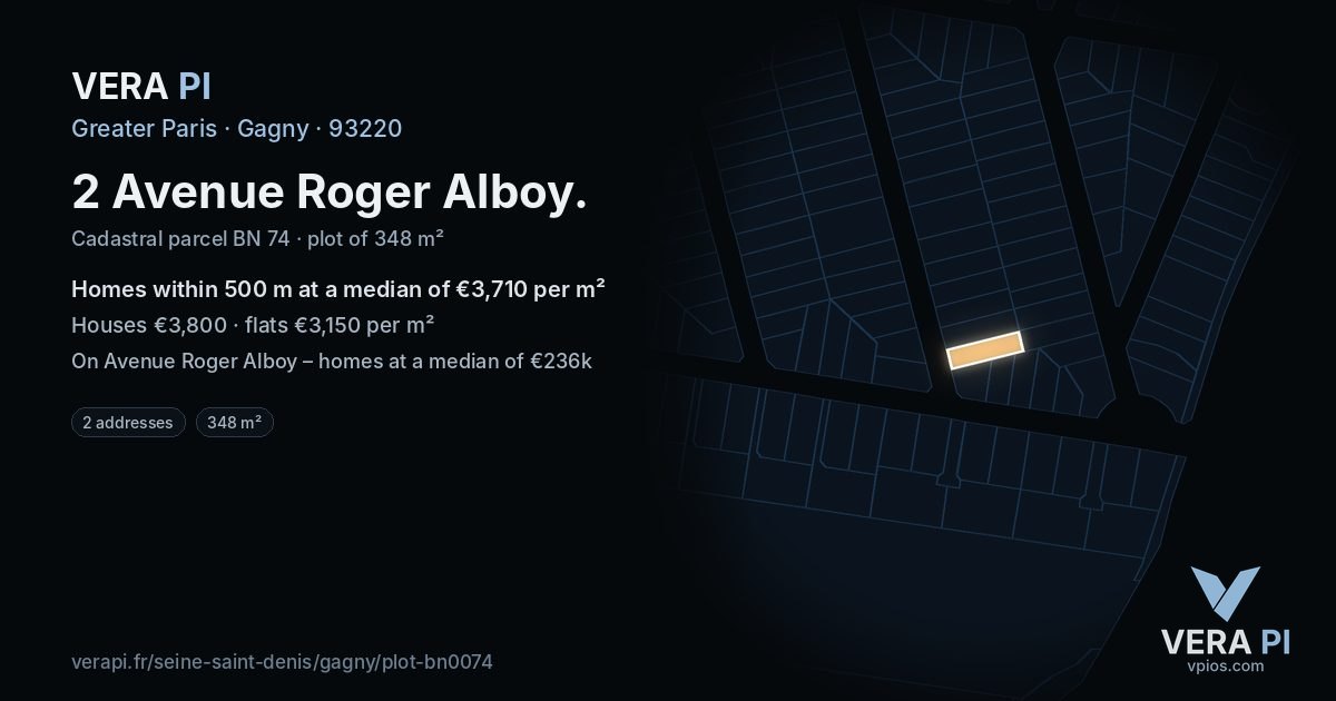 2 Avenue Roger Alboy, Gagny at night – the plot lit, the parcels around coloured by the prices near them