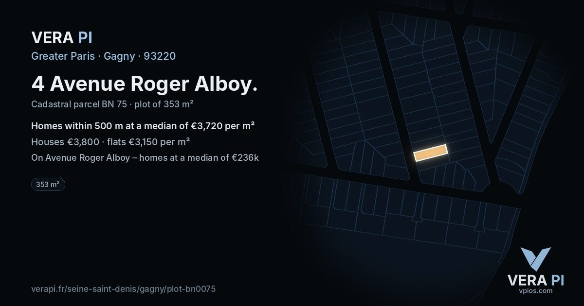 4 Avenue Roger Alboy, Gagny at night – the plot lit, the parcels around coloured by the prices near them