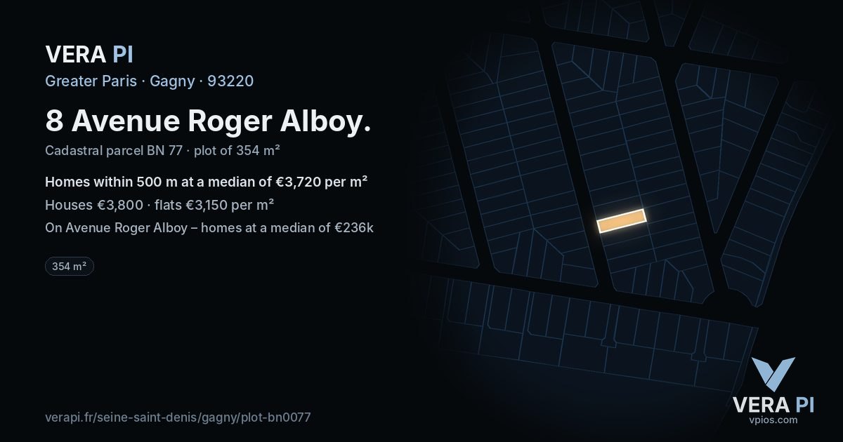 8 Avenue Roger Alboy, Gagny at night – the plot lit, the parcels around coloured by the prices near them