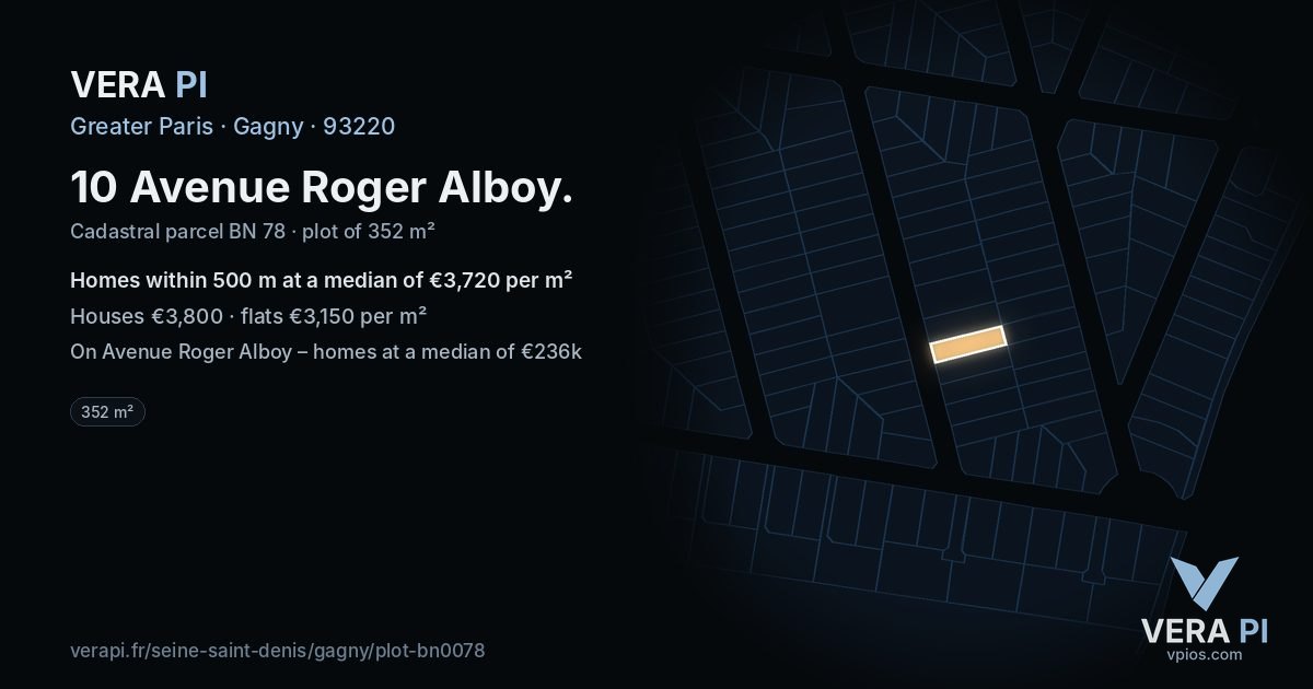 10 Avenue Roger Alboy, Gagny at night – the plot lit, the parcels around coloured by the prices near them