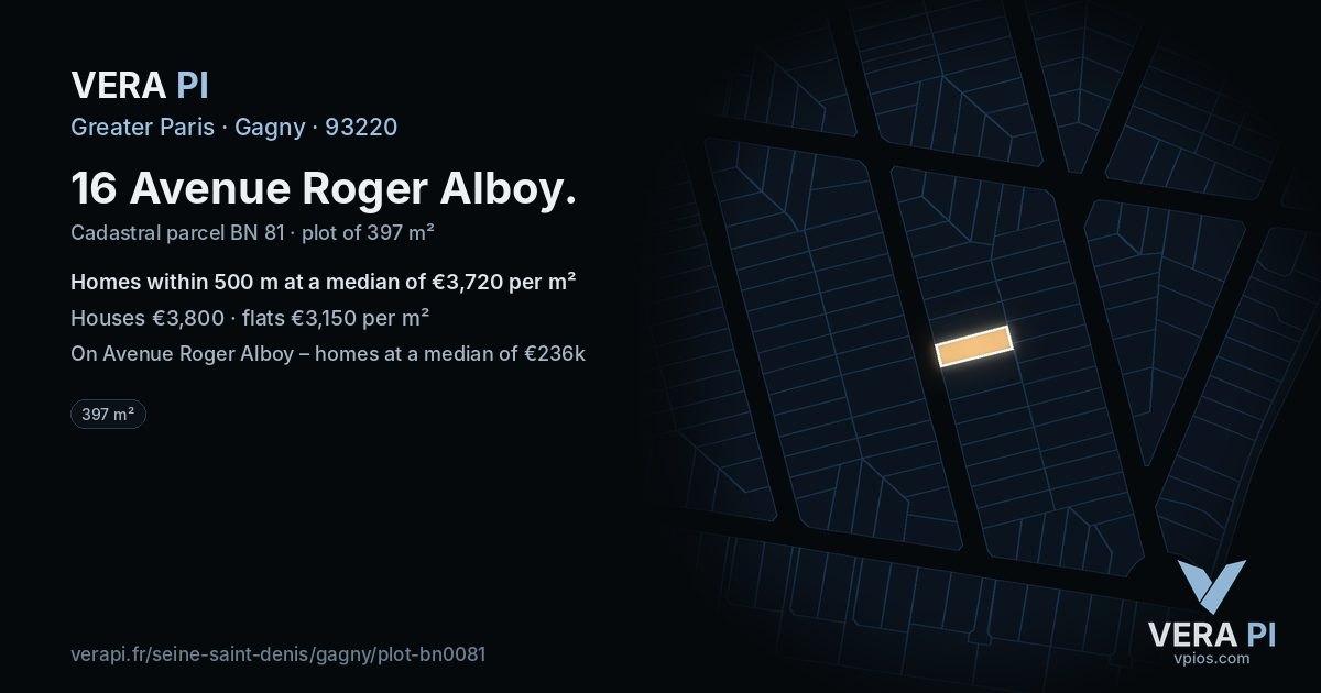 16 Avenue Roger Alboy, Gagny at night – the plot lit, the parcels around coloured by the prices near them