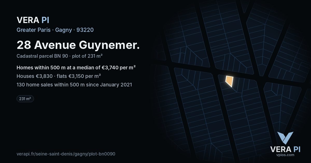 28 Avenue Guynemer, Gagny at night – the plot lit, the parcels around coloured by the prices near them