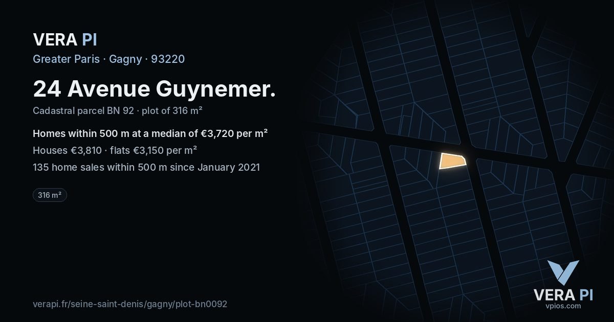 24 Avenue Guynemer, Gagny at night – the plot lit, the parcels around coloured by the prices near them