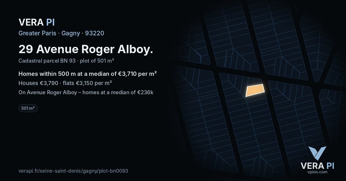 29 Avenue Roger Alboy, Gagny at night – the plot lit, the parcels around coloured by the prices near them