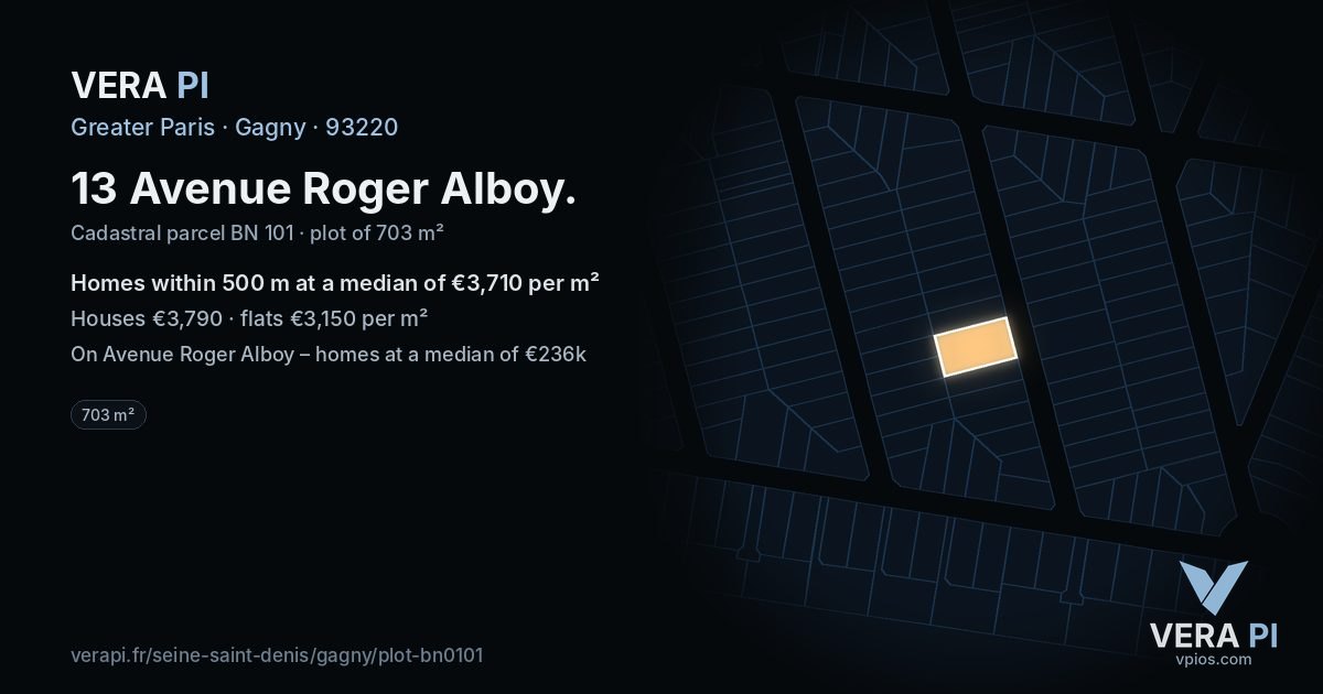 13 Avenue Roger Alboy, Gagny at night – the plot lit, the parcels around coloured by the prices near them