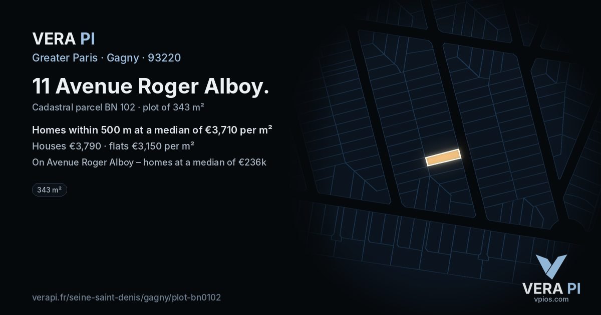 11 Avenue Roger Alboy, Gagny at night – the plot lit, the parcels around coloured by the prices near them