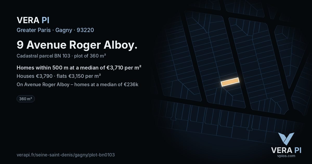 9 Avenue Roger Alboy, Gagny at night – the plot lit, the parcels around coloured by the prices near them