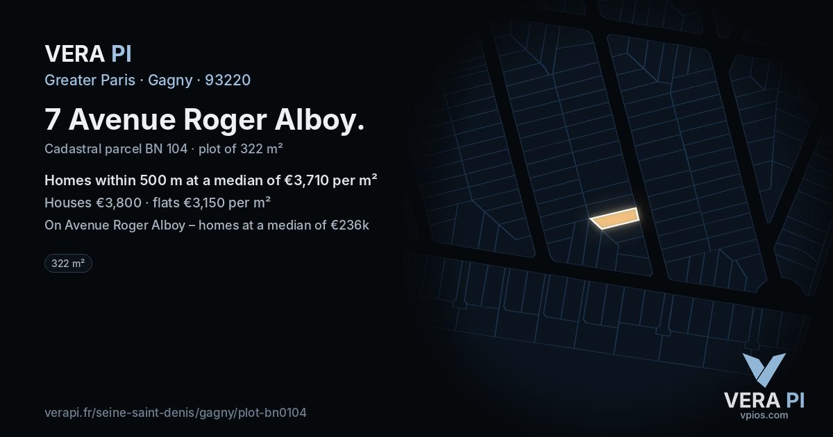 7 Avenue Roger Alboy, Gagny at night – the plot lit, the parcels around coloured by the prices near them