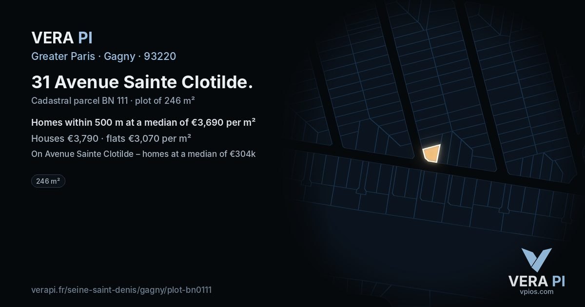 31 Avenue Sainte Clotilde, Gagny at night – the plot lit, the parcels around coloured by the prices near them