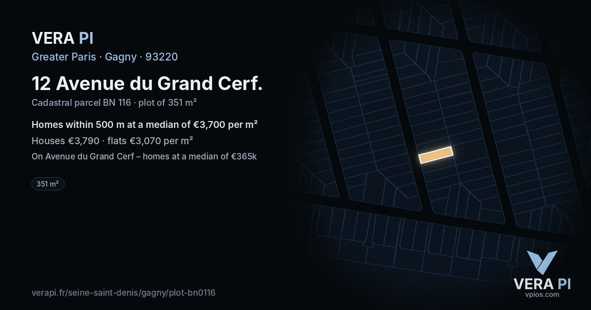 12 Avenue du Grand Cerf, Gagny at night – the plot lit, the parcels around coloured by the prices near them