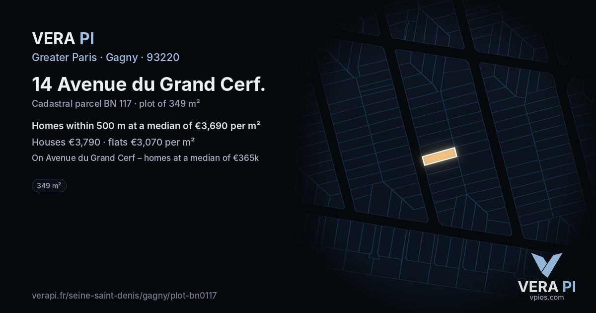 14 Avenue du Grand Cerf, Gagny at night – the plot lit, the parcels around coloured by the prices near them
