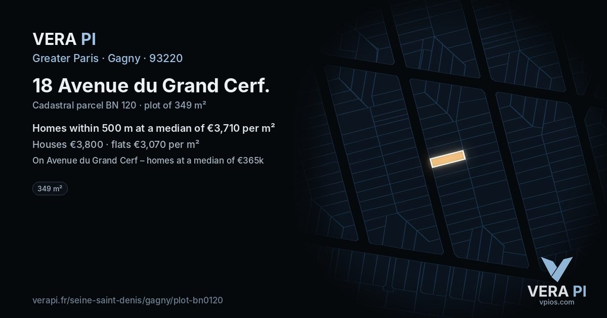 18 Avenue du Grand Cerf, Gagny at night – the plot lit, the parcels around coloured by the prices near them