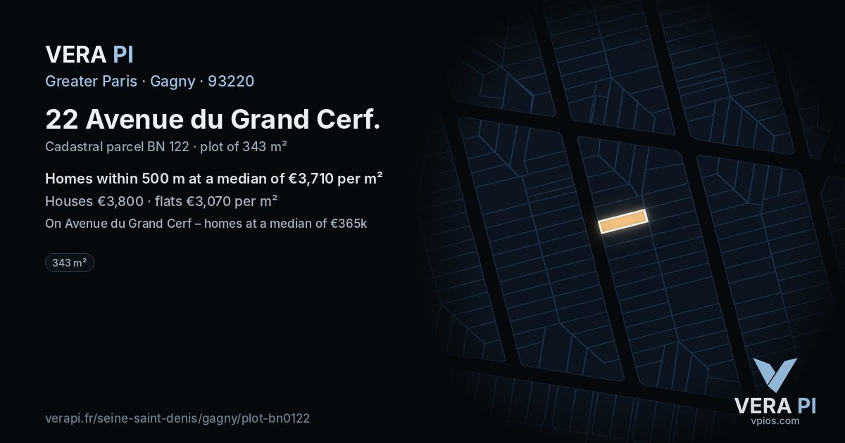 22 Avenue du Grand Cerf, Gagny at night – the plot lit, the parcels around coloured by the prices near them