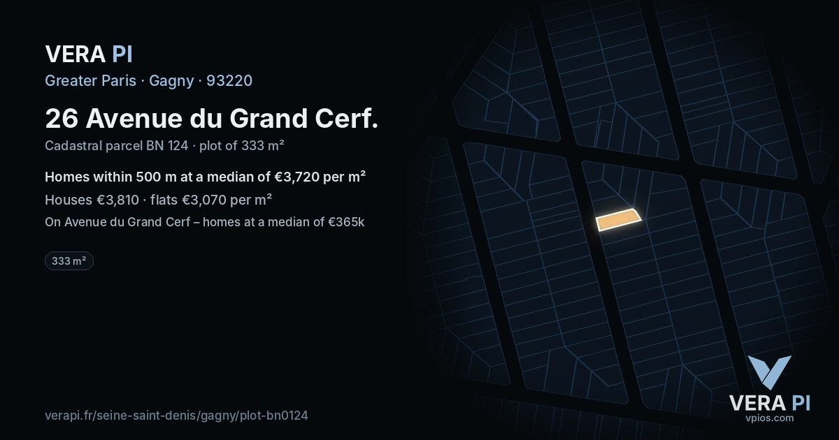 26 Avenue du Grand Cerf, Gagny at night – the plot lit, the parcels around coloured by the prices near them