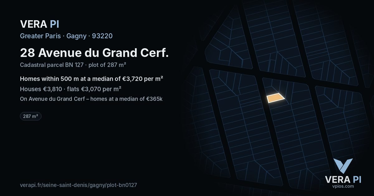 28 Avenue du Grand Cerf, Gagny at night – the plot lit, the parcels around coloured by the prices near them