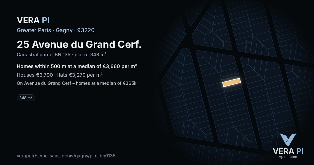 25 Avenue du Grand Cerf, Gagny at night – the plot lit, the parcels around coloured by the prices near them