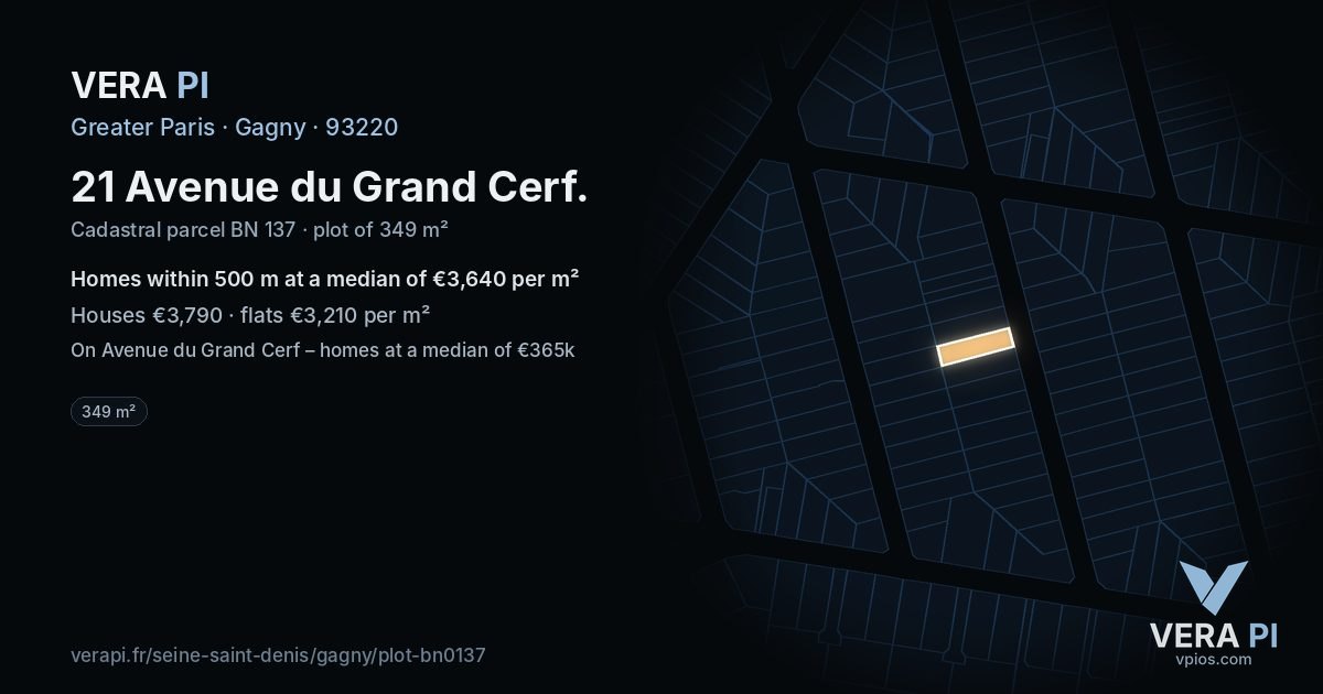 21 Avenue du Grand Cerf, Gagny at night – the plot lit, the parcels around coloured by the prices near them