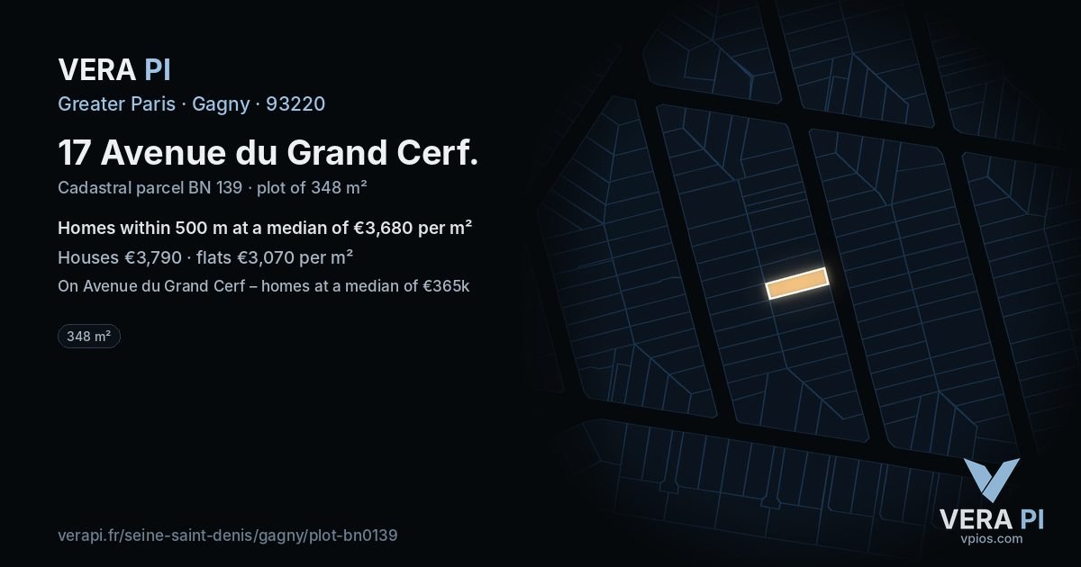 17 Avenue du Grand Cerf, Gagny at night – the plot lit, the parcels around coloured by the prices near them