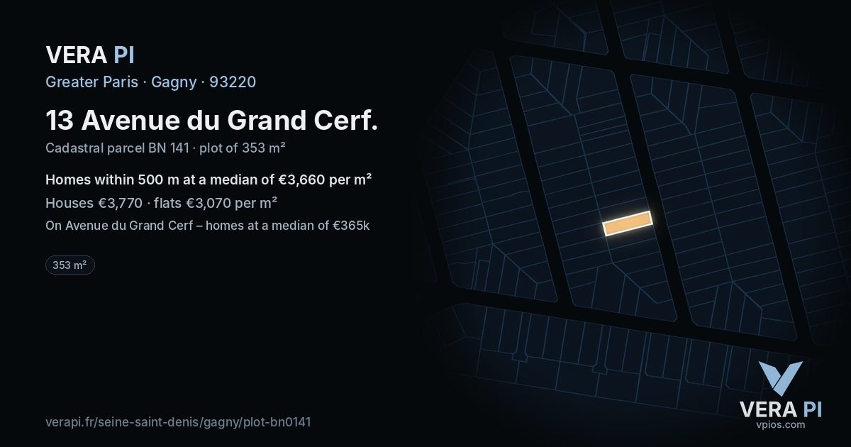 13 Avenue du Grand Cerf, Gagny at night – the plot lit, the parcels around coloured by the prices near them