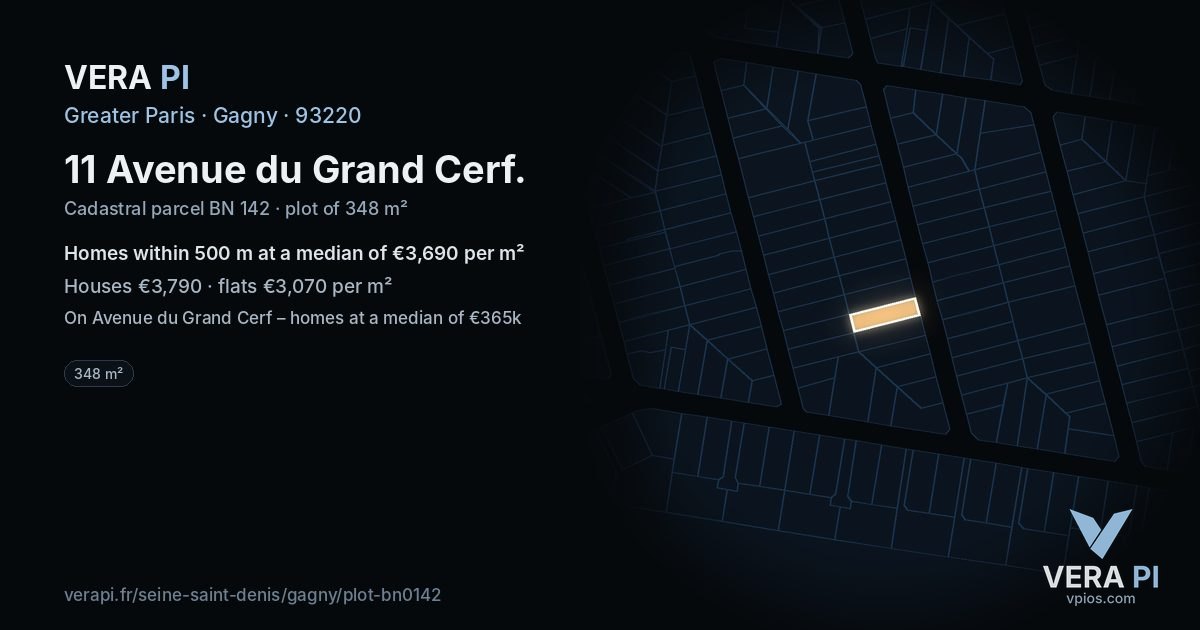 11 Avenue du Grand Cerf, Gagny at night – the plot lit, the parcels around coloured by the prices near them