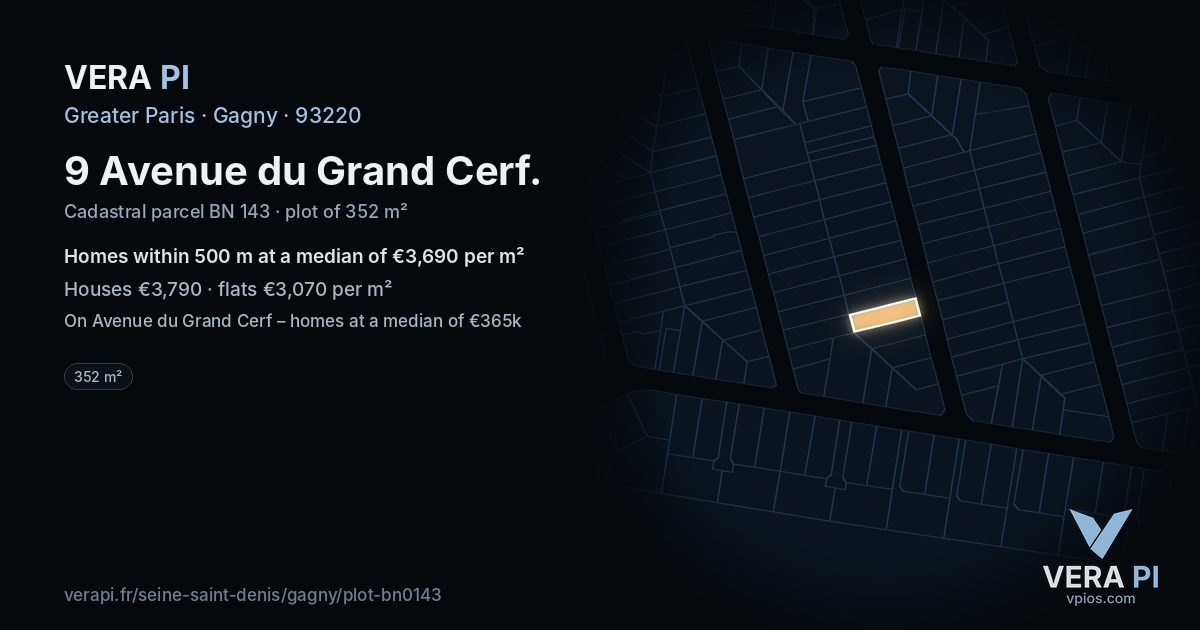 9 Avenue du Grand Cerf, Gagny at night – the plot lit, the parcels around coloured by the prices near them