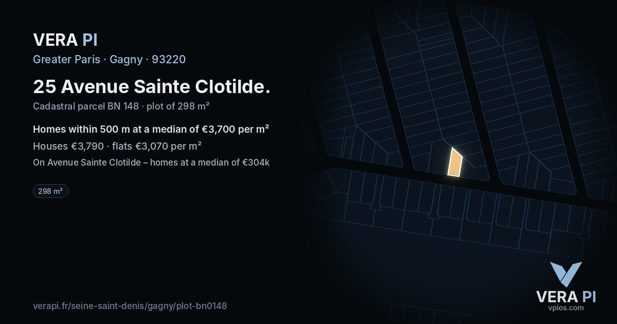 25 Avenue Sainte Clotilde, Gagny at night – the plot lit, the parcels around coloured by the prices near them