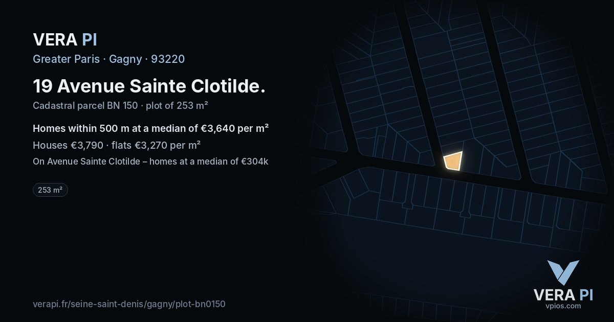 19 Avenue Sainte Clotilde, Gagny at night – the plot lit, the parcels around coloured by the prices near them