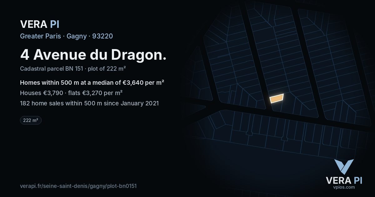 4 Avenue du Dragon, Gagny at night – the plot lit, the parcels around coloured by the prices near them