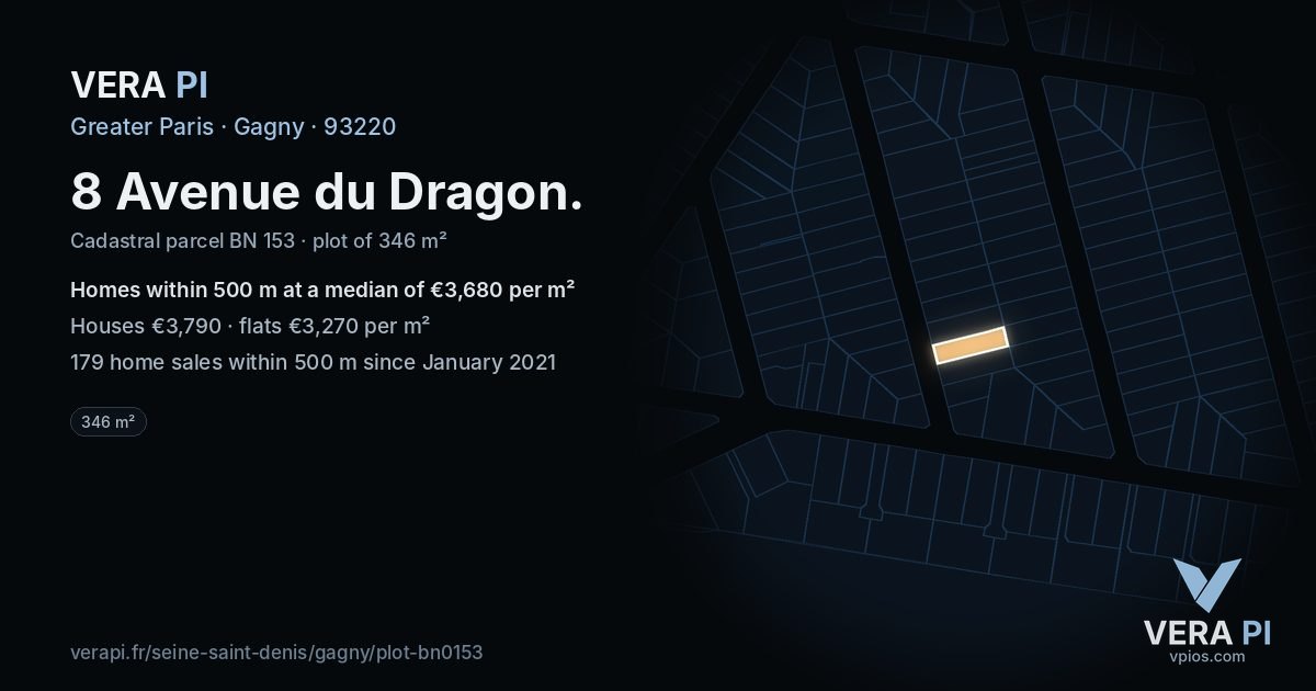 8 Avenue du Dragon, Gagny at night – the plot lit, the parcels around coloured by the prices near them