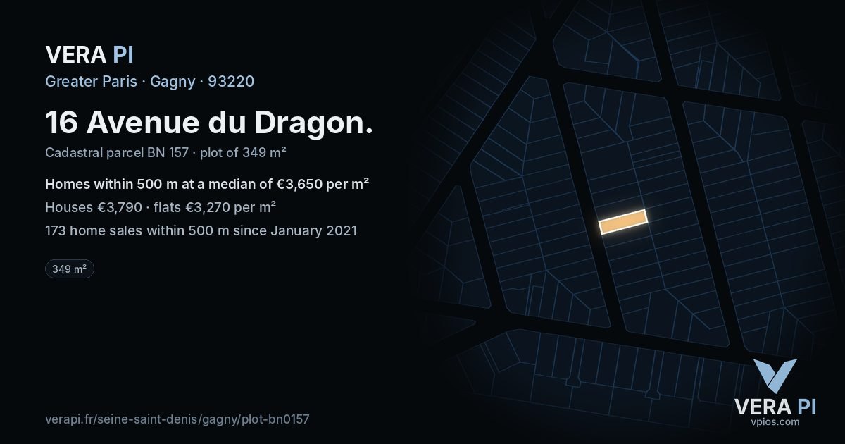 16 Avenue du Dragon, Gagny at night – the plot lit, the parcels around coloured by the prices near them