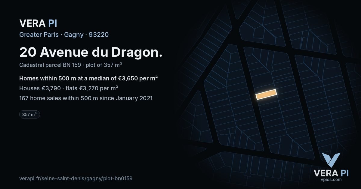 20 Avenue du Dragon, Gagny at night – the plot lit, the parcels around coloured by the prices near them