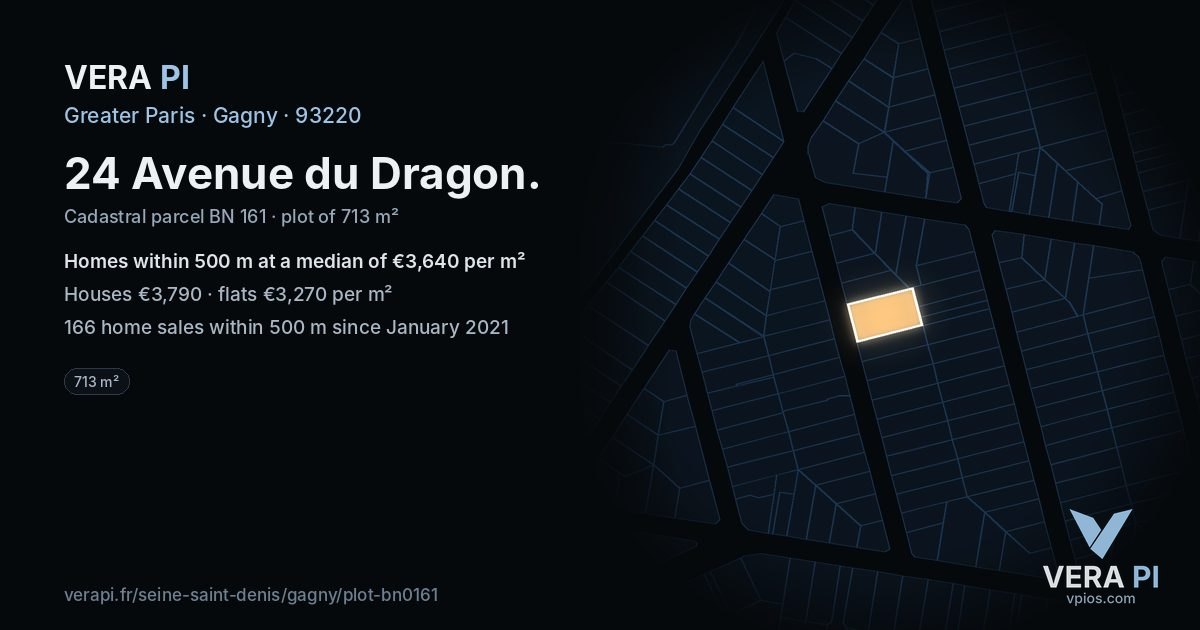 24 Avenue du Dragon, Gagny at night – the plot lit, the parcels around coloured by the prices near them