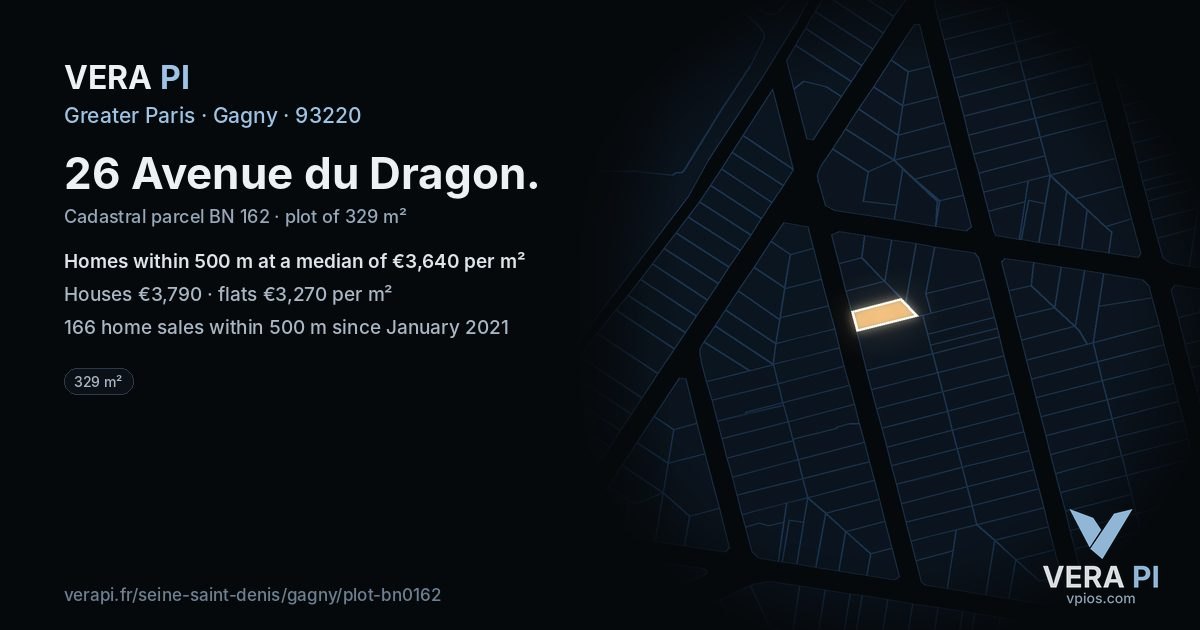 26 Avenue du Dragon, Gagny at night – the plot lit, the parcels around coloured by the prices near them