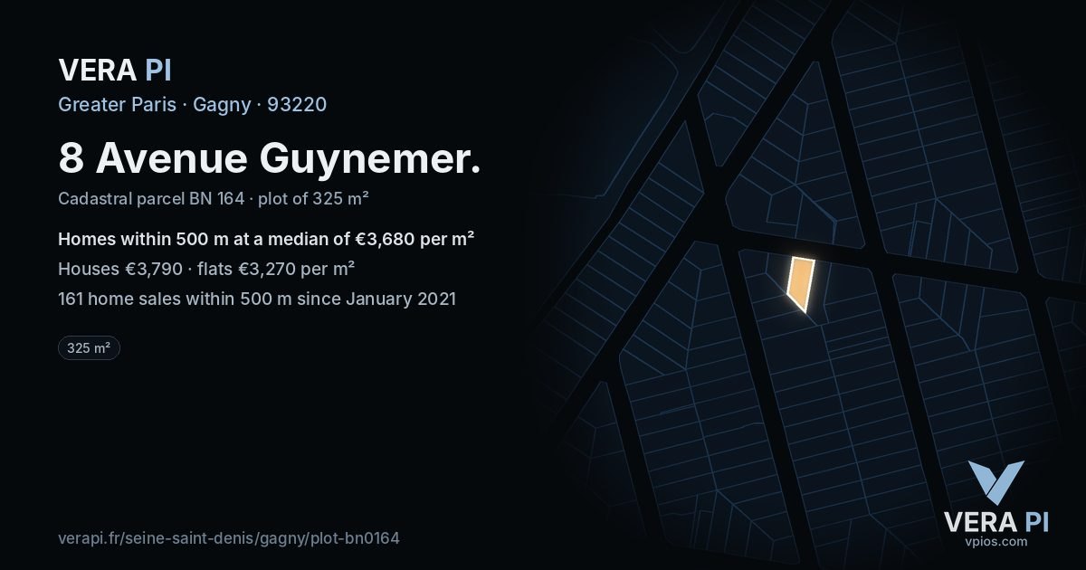 8 Avenue Guynemer, Gagny at night – the plot lit, the parcels around coloured by the prices near them