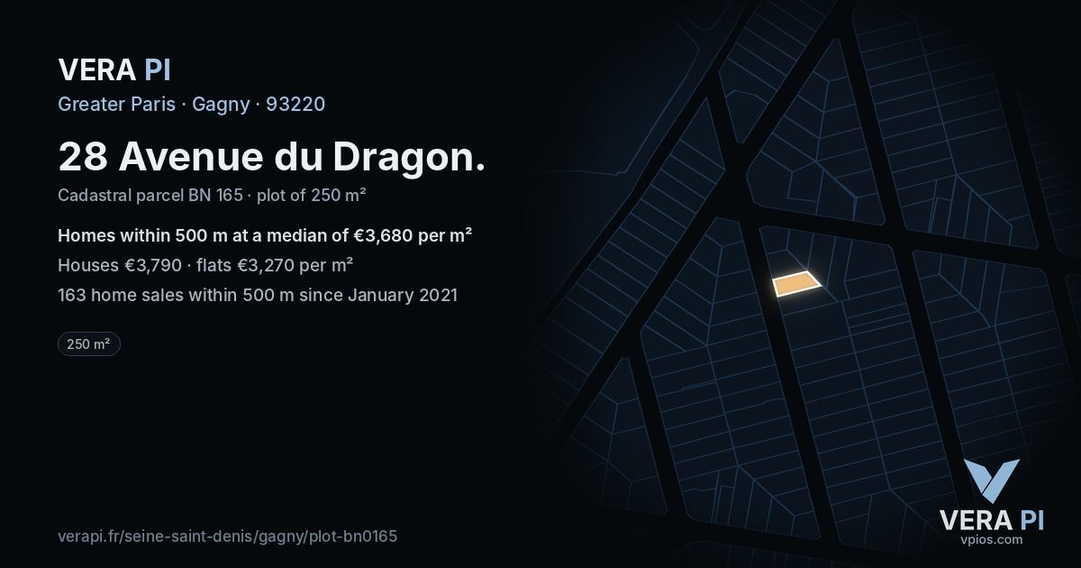 28 Avenue du Dragon, Gagny at night – the plot lit, the parcels around coloured by the prices near them