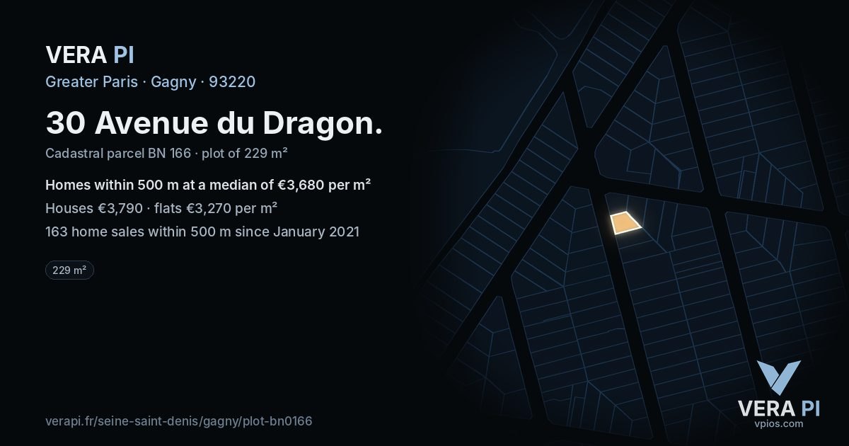 30 Avenue du Dragon, Gagny at night – the plot lit, the parcels around coloured by the prices near them
