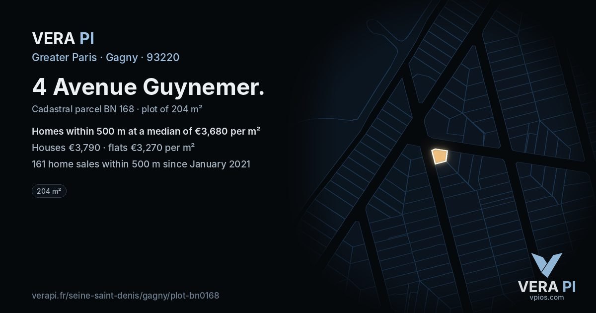4 Avenue Guynemer, Gagny at night – the plot lit, the parcels around coloured by the prices near them