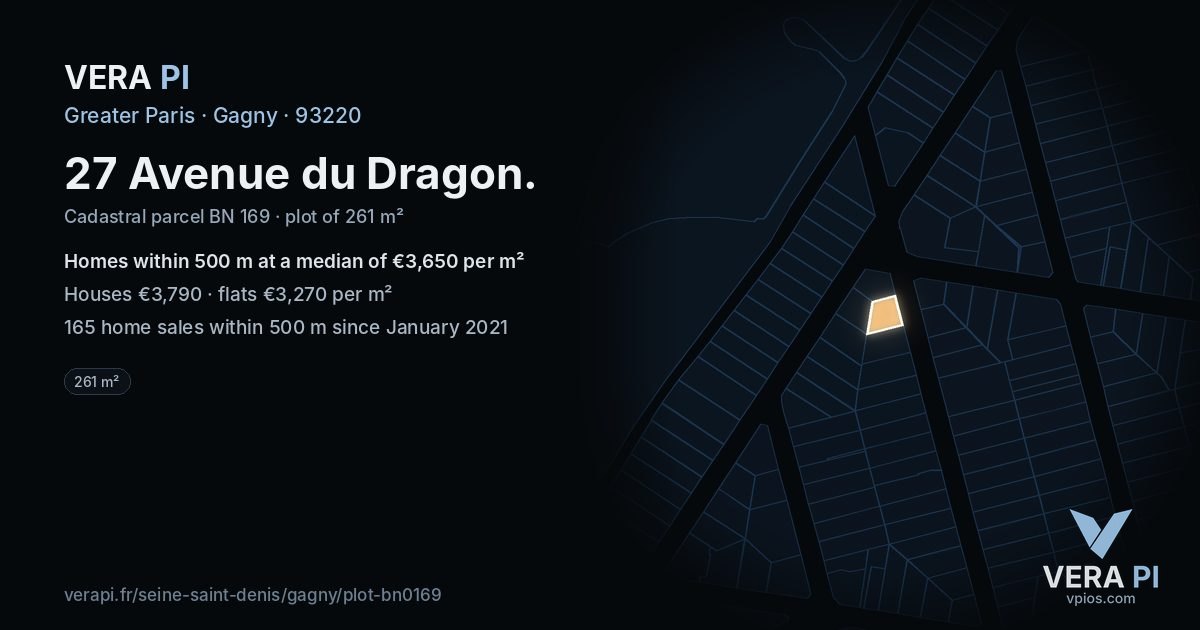 27 Avenue du Dragon, Gagny at night – the plot lit, the parcels around coloured by the prices near them