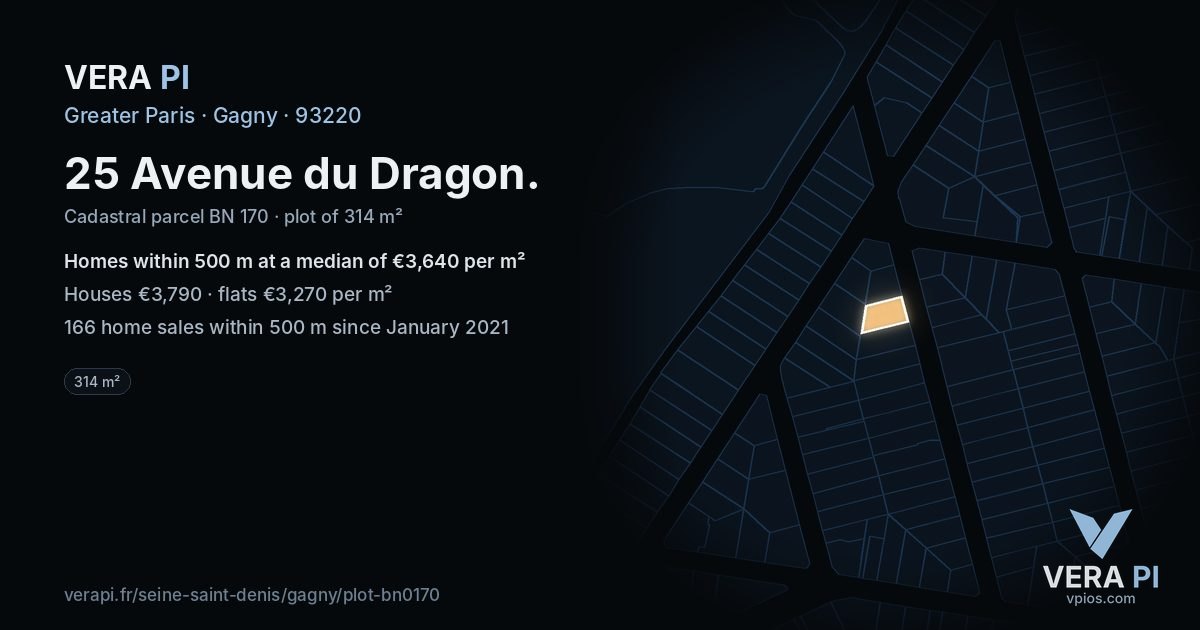 25 Avenue du Dragon, Gagny at night – the plot lit, the parcels around coloured by the prices near them