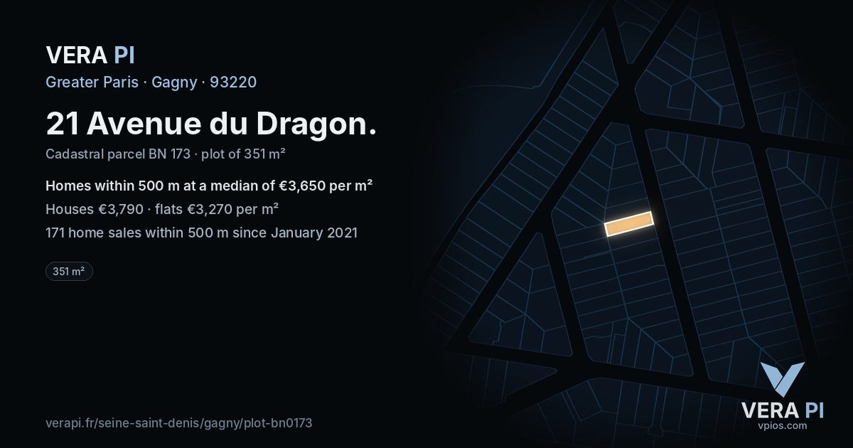 21 Avenue du Dragon, Gagny at night – the plot lit, the parcels around coloured by the prices near them