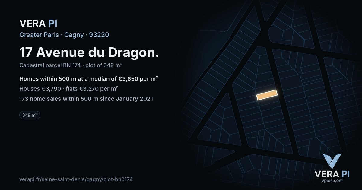 17 Avenue du Dragon, Gagny at night – the plot lit, the parcels around coloured by the prices near them