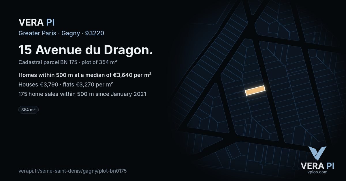 15 Avenue du Dragon, Gagny at night – the plot lit, the parcels around coloured by the prices near them