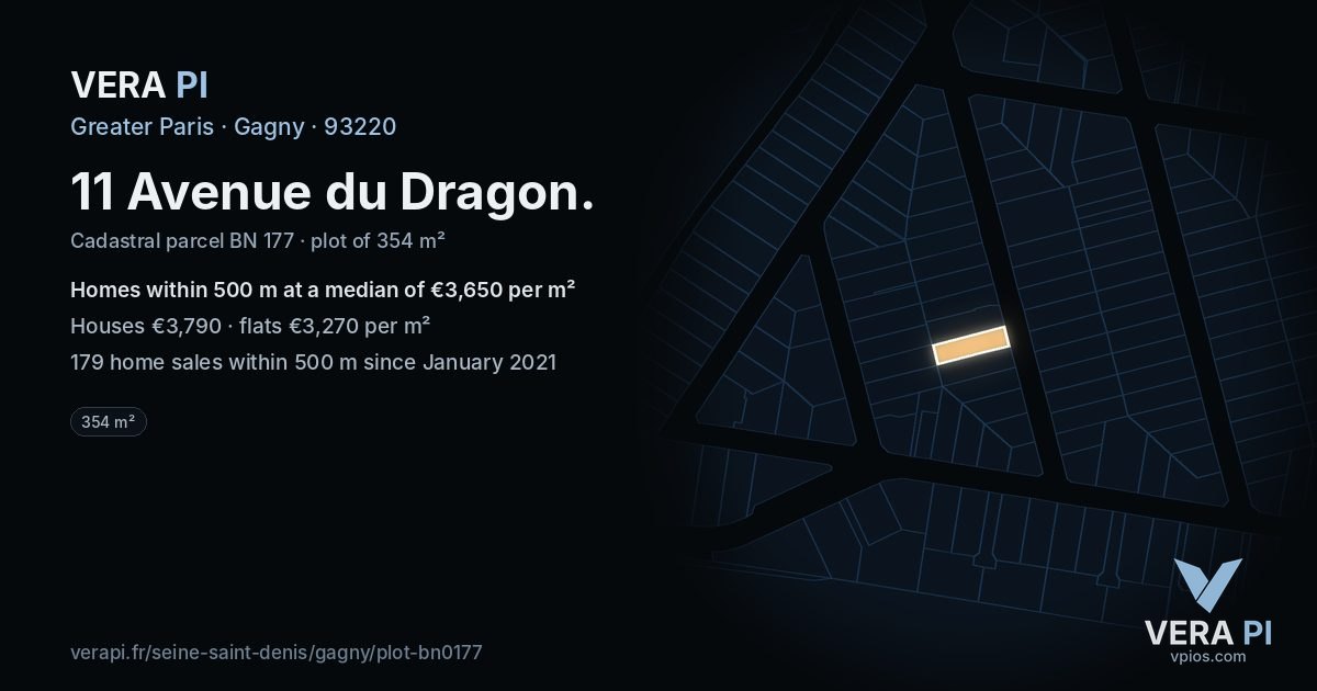 11 Avenue du Dragon, Gagny at night – the plot lit, the parcels around coloured by the prices near them