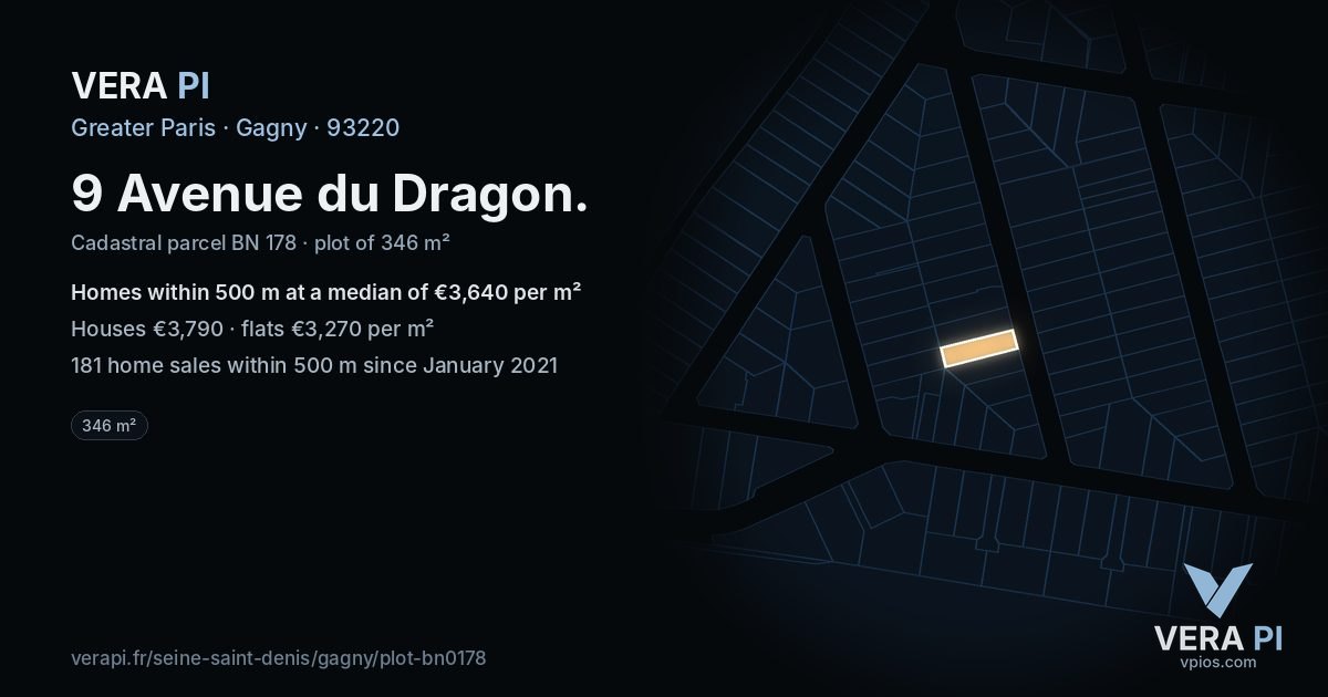9 Avenue du Dragon, Gagny at night – the plot lit, the parcels around coloured by the prices near them